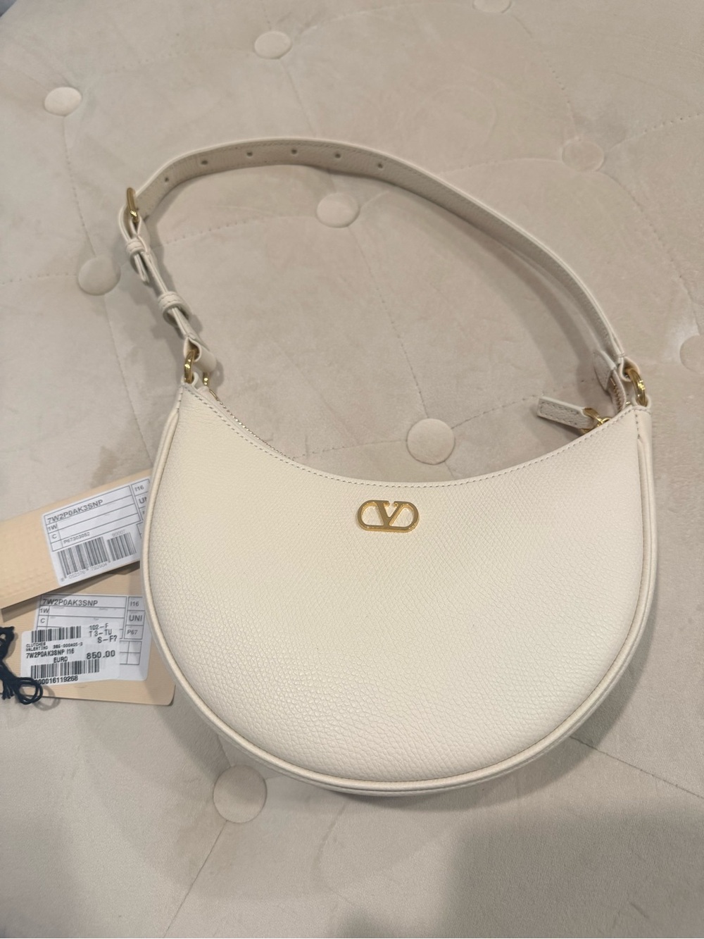 Valentino Garavani Cream Half-Moon Shoulder Bag with Gold Logo
